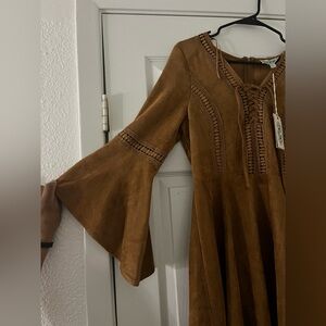 Chic Brown Lace-Up Bell Sleeve Dress